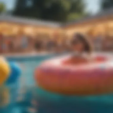 A vibrant pool party scene with colorful floats and decorations