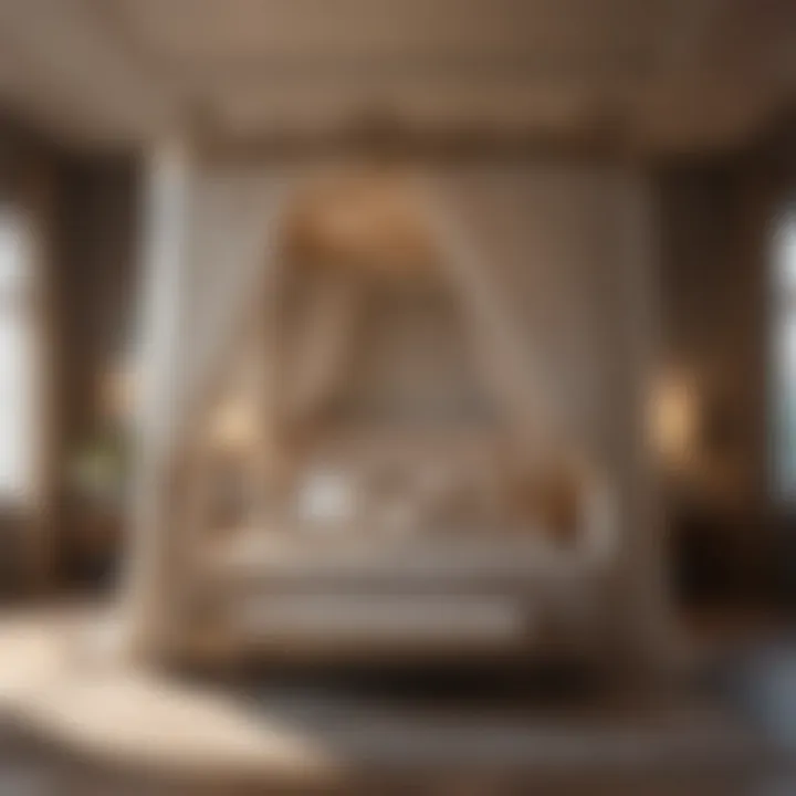 Exquisite canopy bed adorned with rich fabrics and ambient lighting