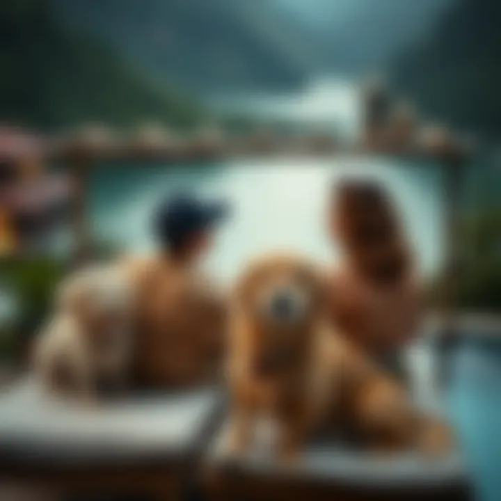 Couple relaxing with their dog at a scenic resort