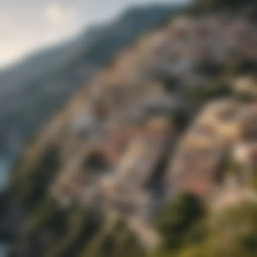 Aerial view of Positano's colorful buildings cascading down cliffs