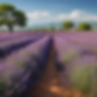 View of lavender fields in full bloom under a clear blue sky in Provence