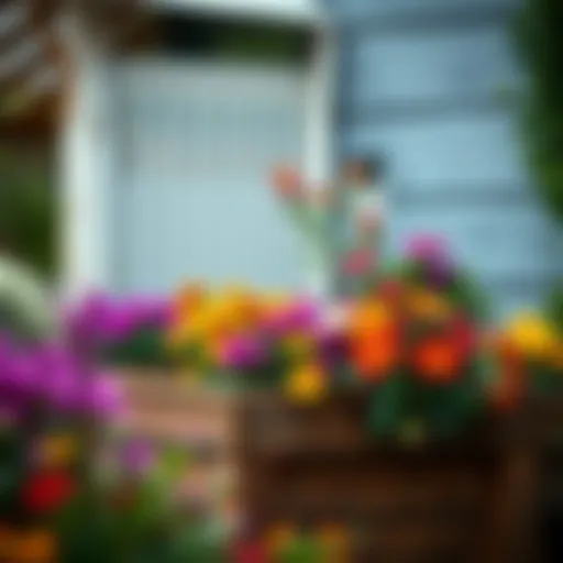 Elegant wooden raised planter adorned with vibrant flowers