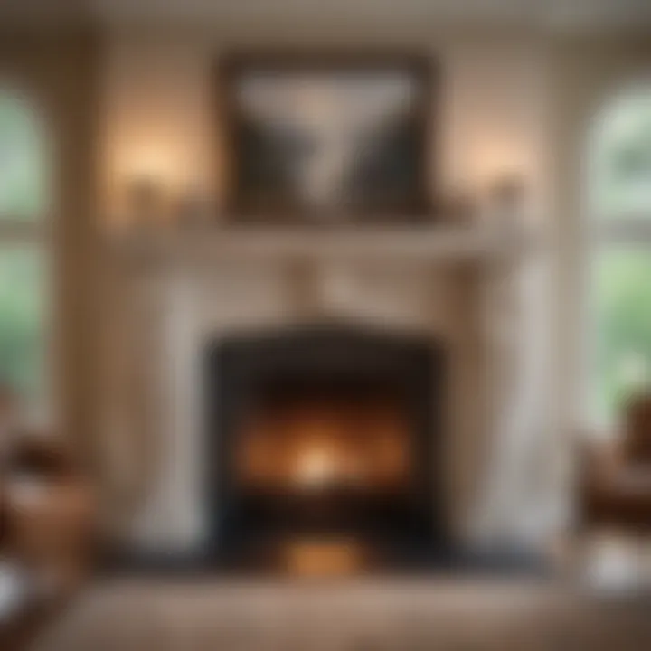 A beautifully crafted stone fireplace with decorative mantel and ambient lighting, enhancing the room's elegance.