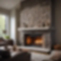 A stunning stone fireplace in a modern living room, showcasing intricate stonework and design.