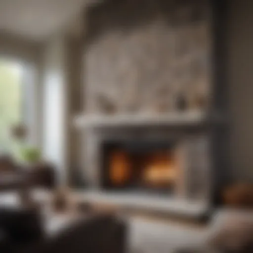 A stunning stone fireplace in a modern living room, showcasing intricate stonework and design.