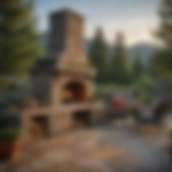 A rustic outdoor stone fireplace surrounded by a cozy patio setting, ideal for gatherings.