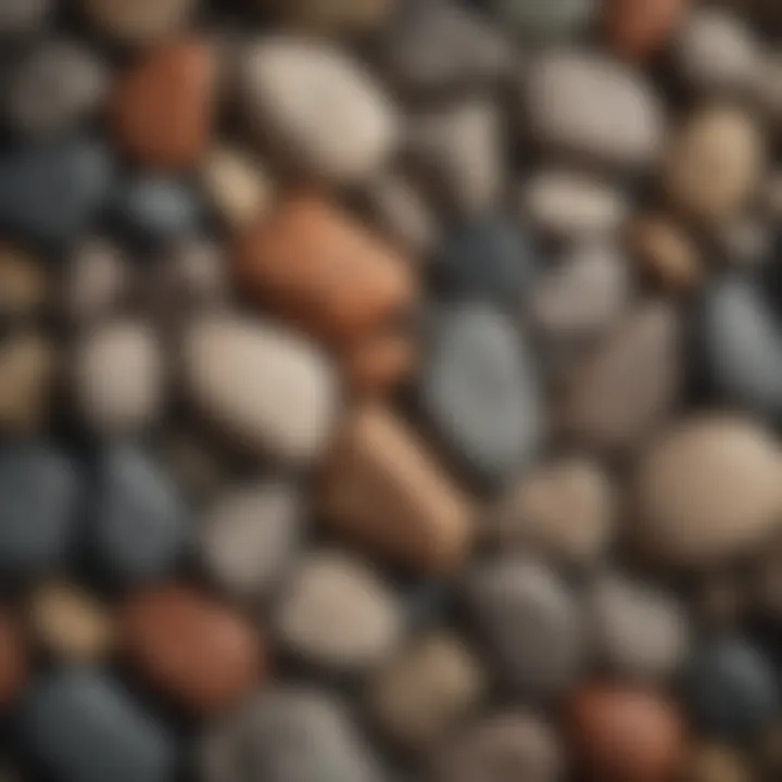 Close-up view of different types of stones used in fireplace construction, displaying texture and color variety.
