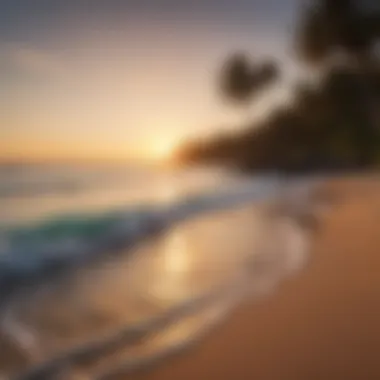 A pristine beach at sunset, casting a serene glow over the calm waters