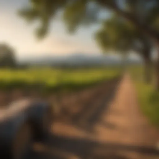 A scenic view of Fredericksburg vineyards under a clear blue sky