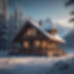 Snow-covered mountains with a luxurious cabin