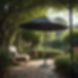 A beautifully designed pagoda style patio umbrella in a lush garden setting