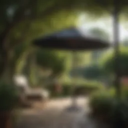 A beautifully designed pagoda style patio umbrella in a lush garden setting