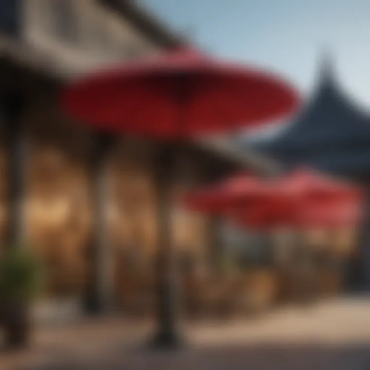 Various pagoda style patio umbrellas showcased in a retail environment