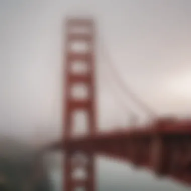 Elegant architecture of the Golden Gate Bridge shrouded in morning fog