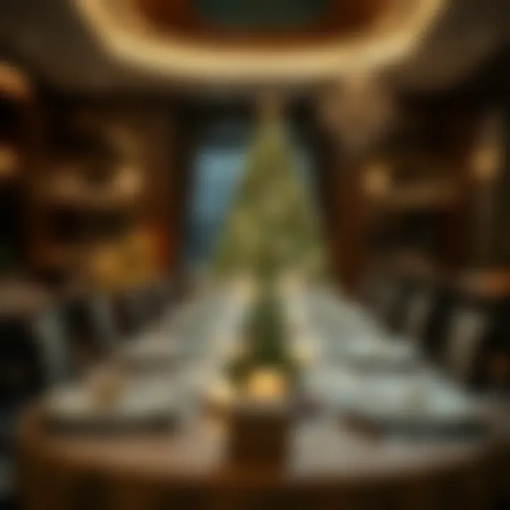 An elegant dining setting adorned with luxurious decorations for a Christmas feast.