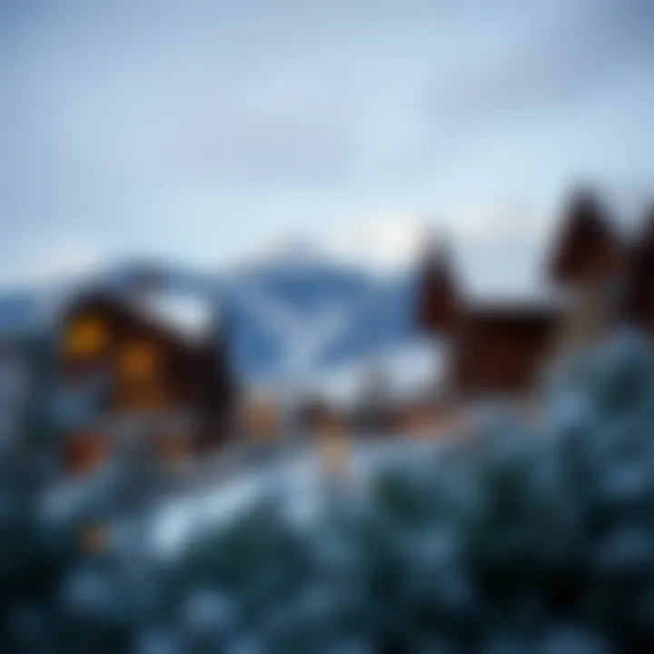 A luxurious resort with stunning views of snow-capped mountains and festive decorations.