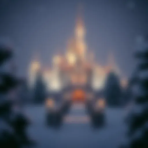 A breathtaking winter landscape featuring a grand castle illuminated with festive lights.
