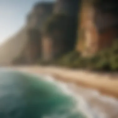 Picturesque Beach and Cliffs A picturesque beach framed by lush greenery and dramatic cliffs