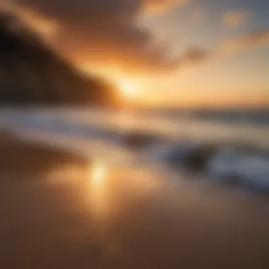 Sunset Serenity on the Shore A serene sunset casting a golden glow over the tranquil shoreline