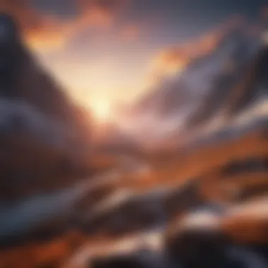 Majestic Mountains Majestic mountain range with snow-capped peaks under a vibrant sunset.