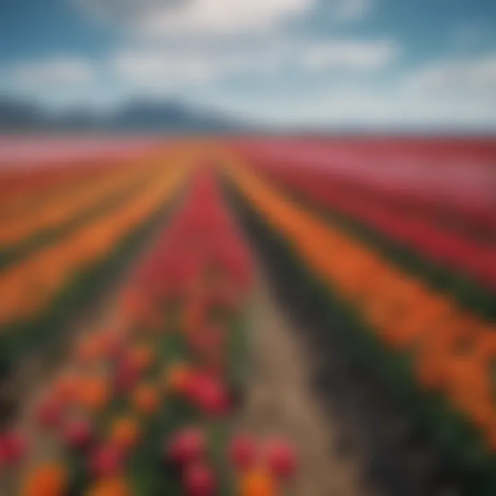 Vast field of vibrant tulips in full bloom against a clear blue sky.