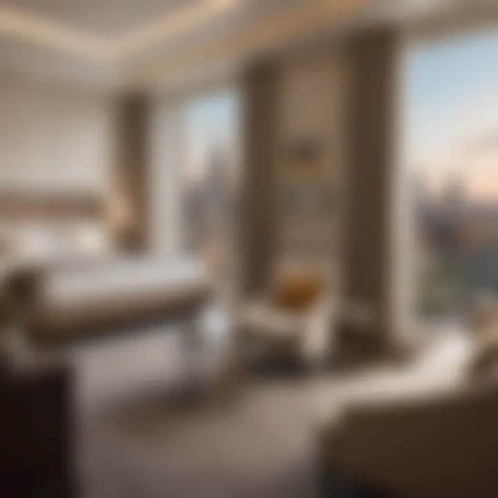 Luxurious hotel suite featuring elegant decor and stunning city views.