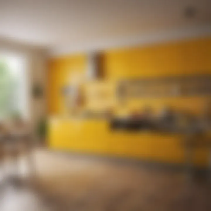 A vibrant kitchen featuring bold yellow walls and modern decor.