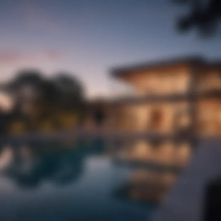 Modern geometric inground pool design at dusk