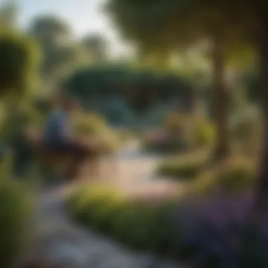 A landscape designer discussing plans with a client amidst a vibrant garden.