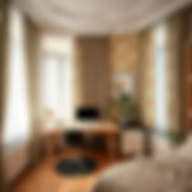 Creative Workspace with Unique Curtain Patterns A creative workspace enhanced by creative curtain patterns.