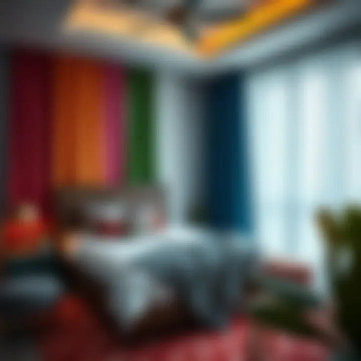 Serene Bedroom with Colorful Funky Curtains A serene bedroom adorned with colorful curtains complementing modern decor.