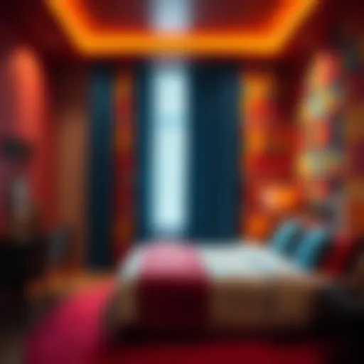 Vibrant Room with Funky Geometric Curtains A vibrant room showcasing funky curtains with bold geometric patterns.