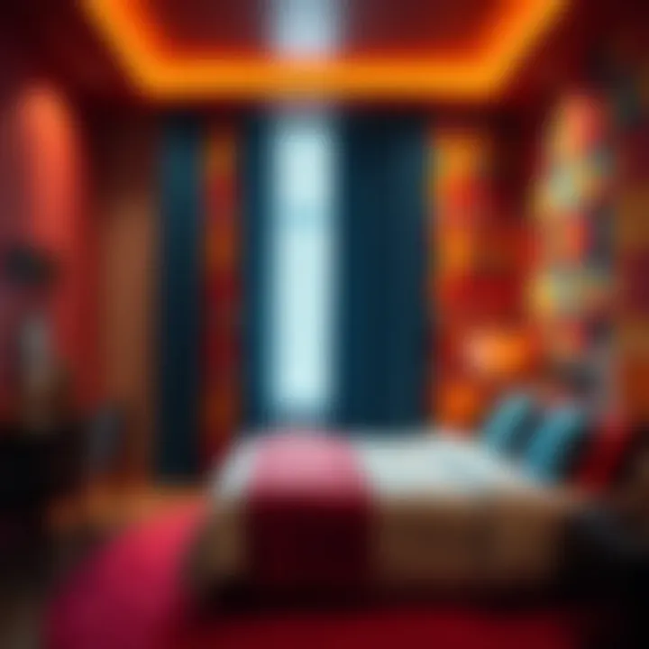 Vibrant Room with Funky Geometric Curtains A vibrant room showcasing funky curtains with bold geometric patterns.