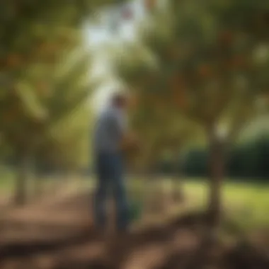 Caring for Young Fruit Trees A gardener tending to young fruit trees, emphasizing nurturing and care