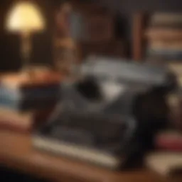 Illustration of a vintage typewriter with a stack of books beside it