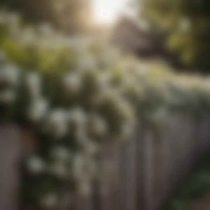 Graceful White Blooming Shrubs Against Rustic Fence