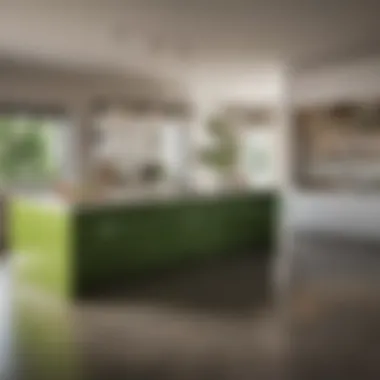 Contemporary open kitchen featuring a vibrant green island