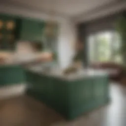 Elegant green kitchen island with marble countertop