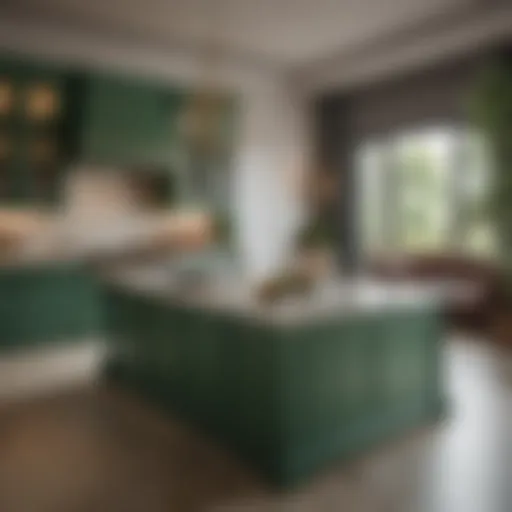 Elegant green kitchen island with marble countertop