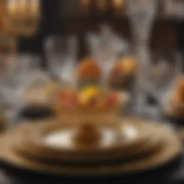 A luxurious table setting adorned with crystal glassware and gold-accented plates.