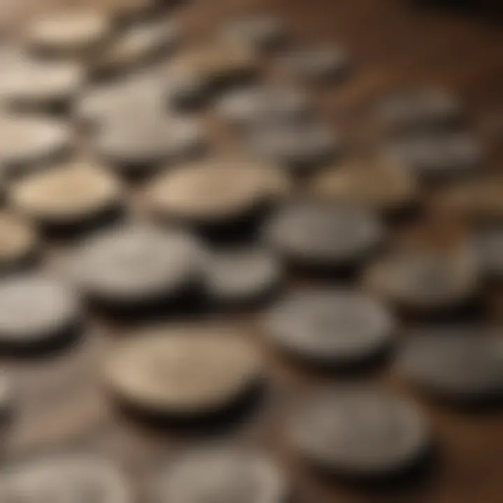 A close-up of vintage coins displayed on a wooden table