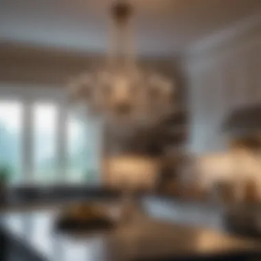 Harmonious Chandelier Enhancing Kitchen Aesthetics Stunning chandelier harmoniously coordinating with kitchen decor.