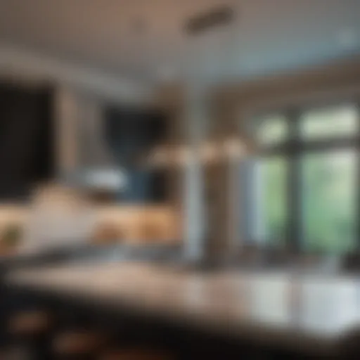 Elegant kitchen island featuring sophisticated pendant lighting.