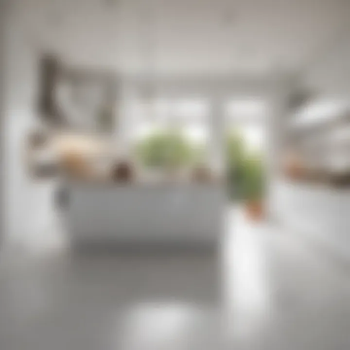 Spacious kitchen featuring bright white tiles