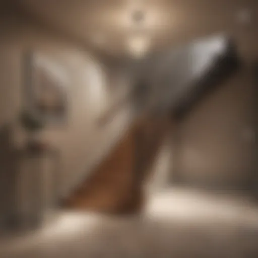 Stylish basement stairwell with elegant lighting and modern railings.