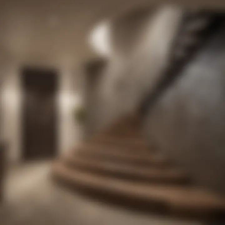Luxurious basement stairwell featuring a unique wall art installation.