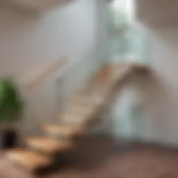 Modern staircase with sleek glass railing and wooden steps