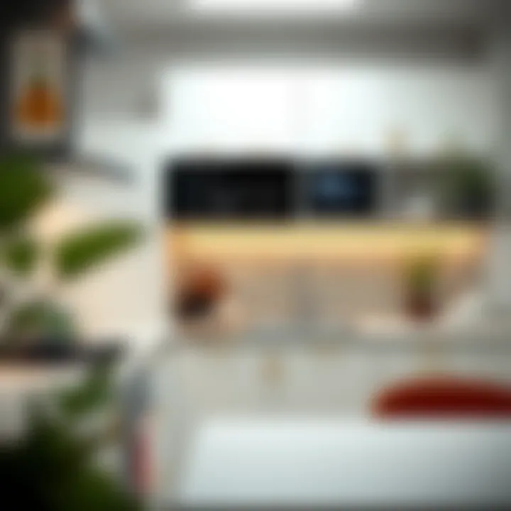 Modern decor in a compact kitchen featuring slim cabinets