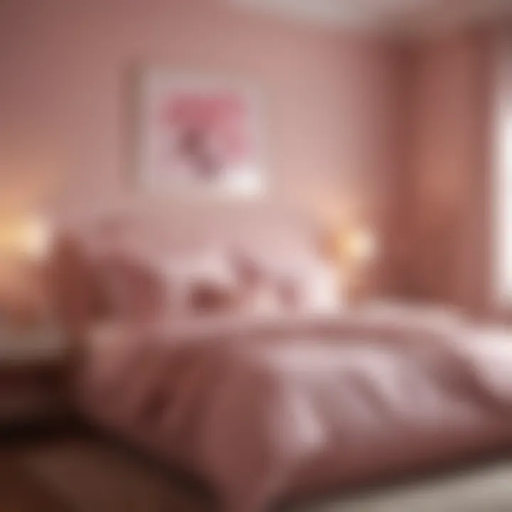 Luxurious bedroom featuring soft pink wall decor and delicate lighting