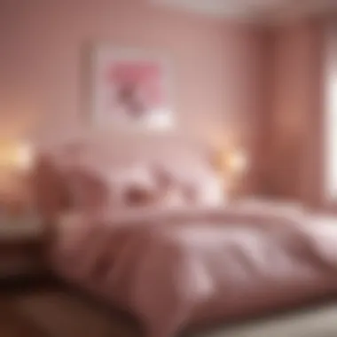 Refined Pink Aesthetics in a Serene Bedroom Luxurious bedroom featuring soft pink wall decor and delicate lighting